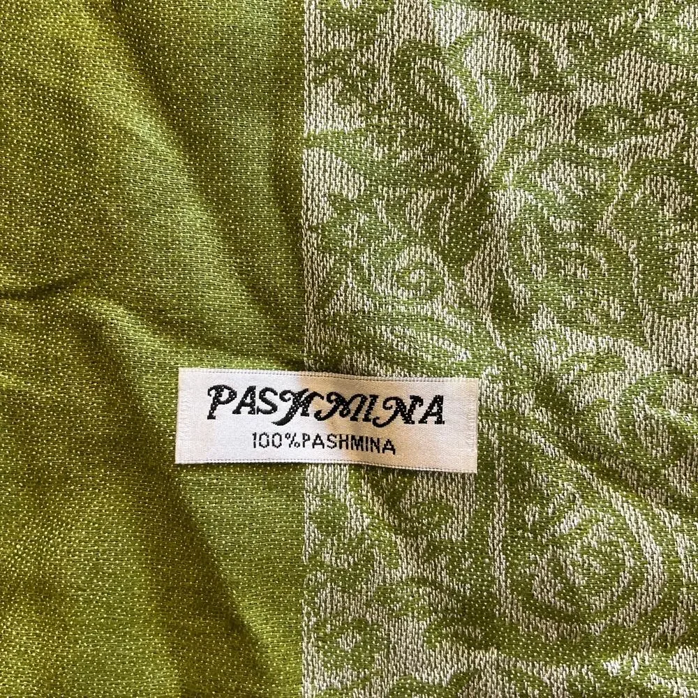 Pashmina Olive Green Paisley Fringe Shawl Wrap Scarf 23x72 Boho 100% Pashmina